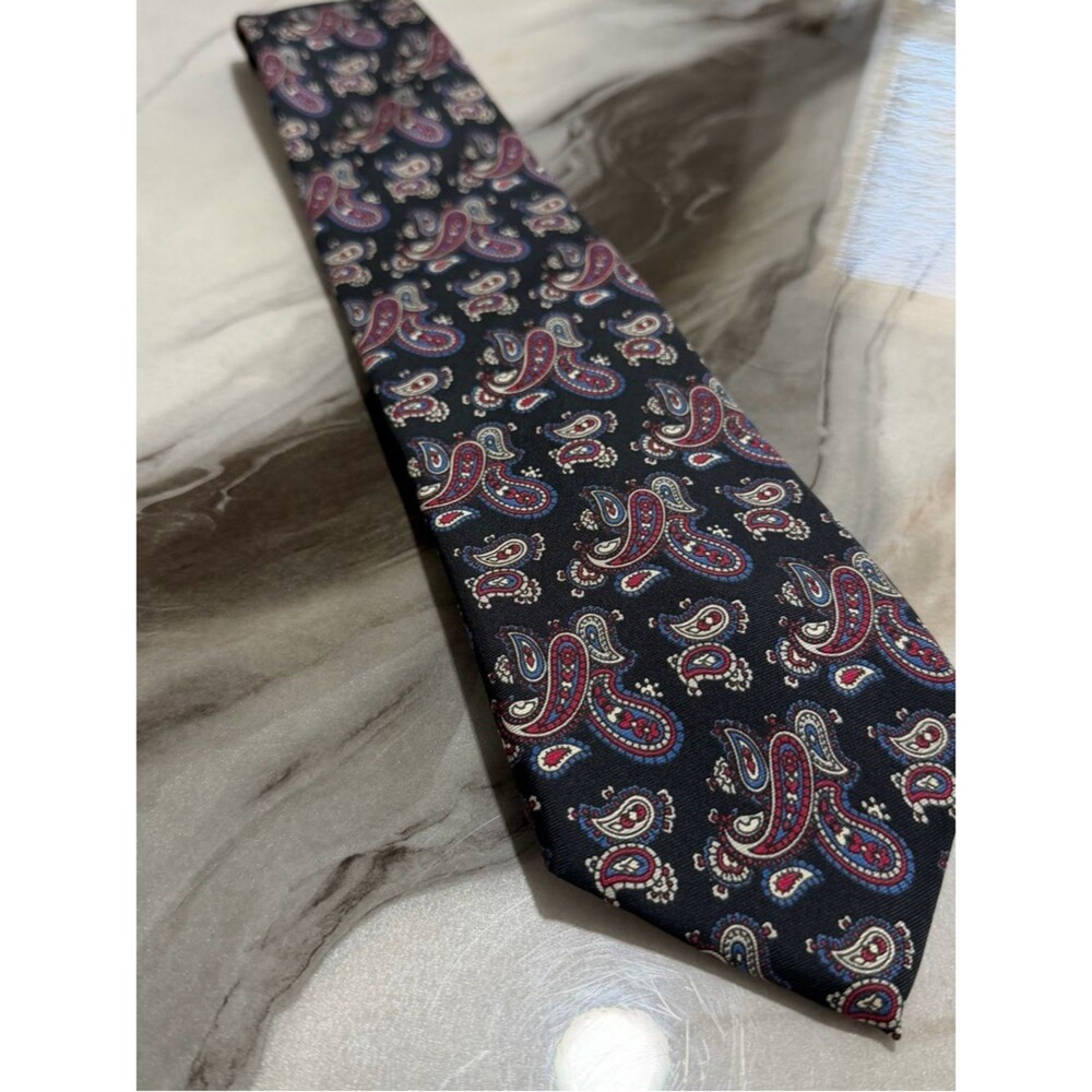 Bert Pulitzer Men's Navy Paisley Tie with Red and Cream Accents Made in USA